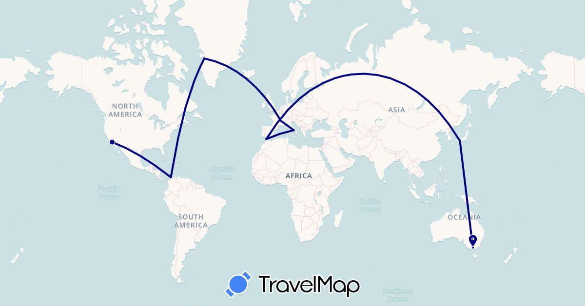 TravelMap itinerary: driving in Australia, Colombia, France, Greenland, Italy, Japan, Morocco, United States (Africa, Asia, Europe, North America, Oceania, South America)